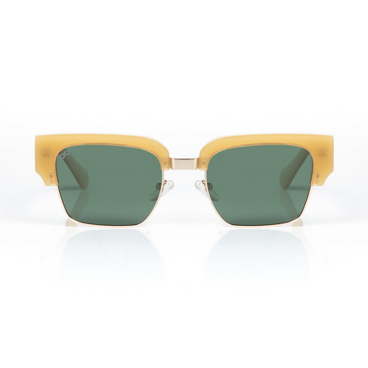 Sunglasses with yellow frame and green lenses on a white background