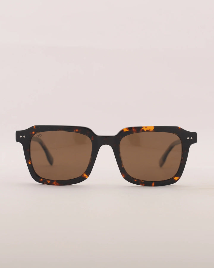 Sunglasses with tortoiseshell frame and brown lenses on a light gray background