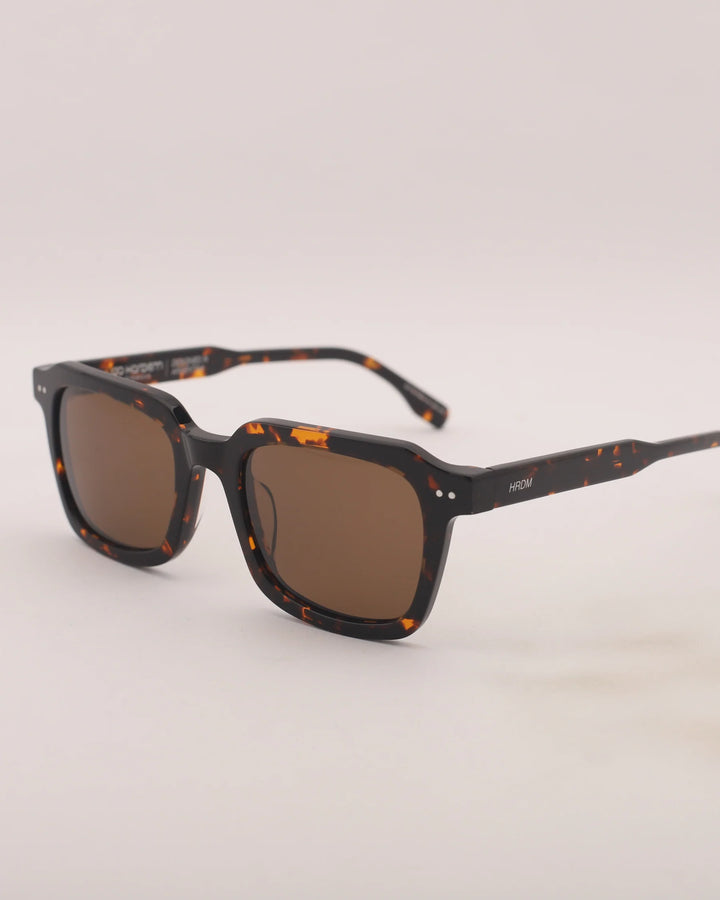 Sunglasses with tortoiseshell frame and brown lenses on a light gray background