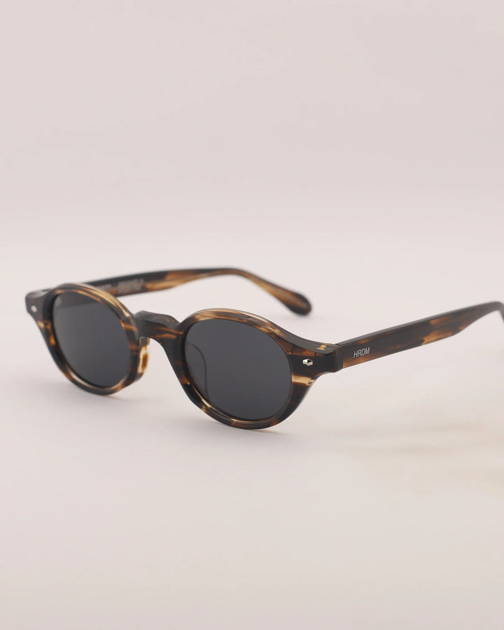 Round sunglasses with tortoiseshell frame on a light gray background