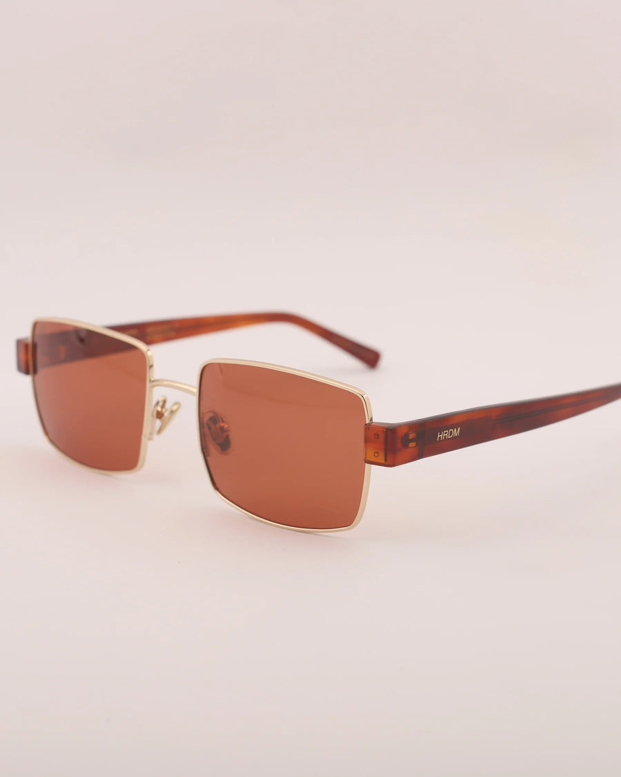 Sunglasses with brown lenses and tortoiseshell frame on a light beige background