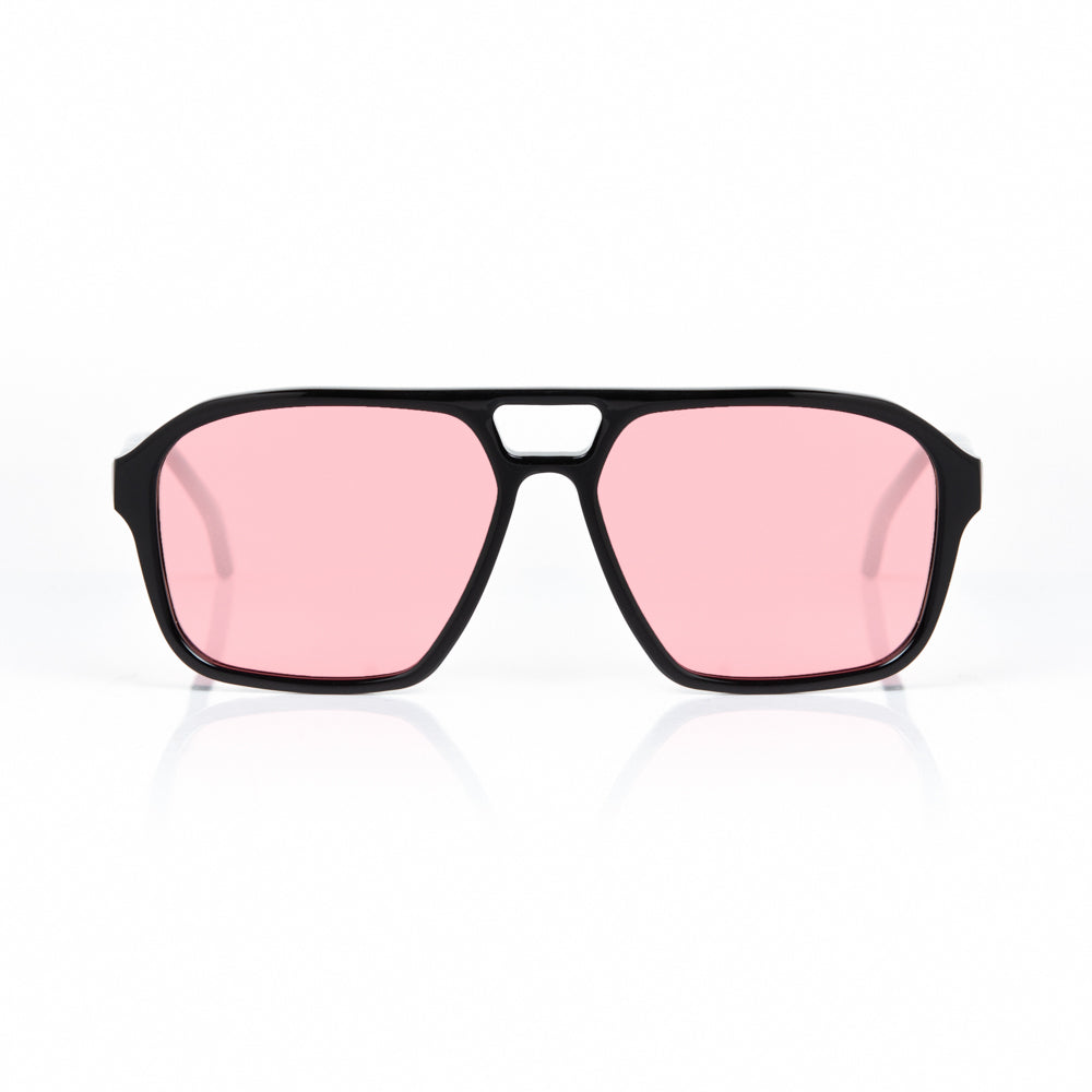Sunglasses with black frame and pink lenses on a white background
