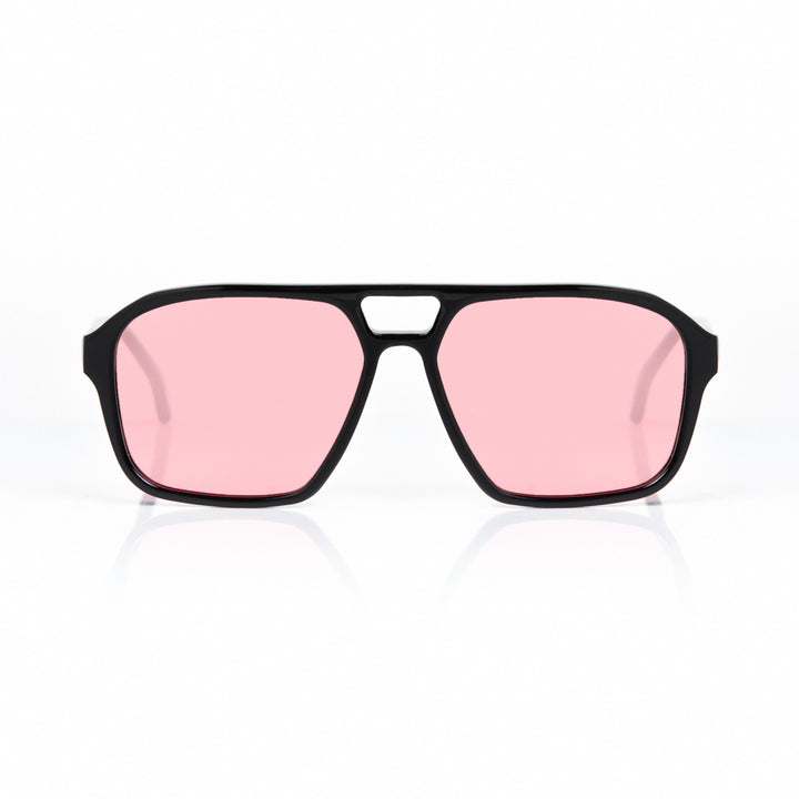 Sunglasses with black frame and pink lenses on a white background