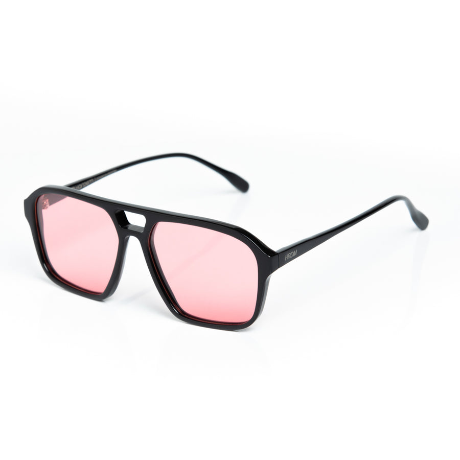 Black sunglasses with pink lenses on a white background