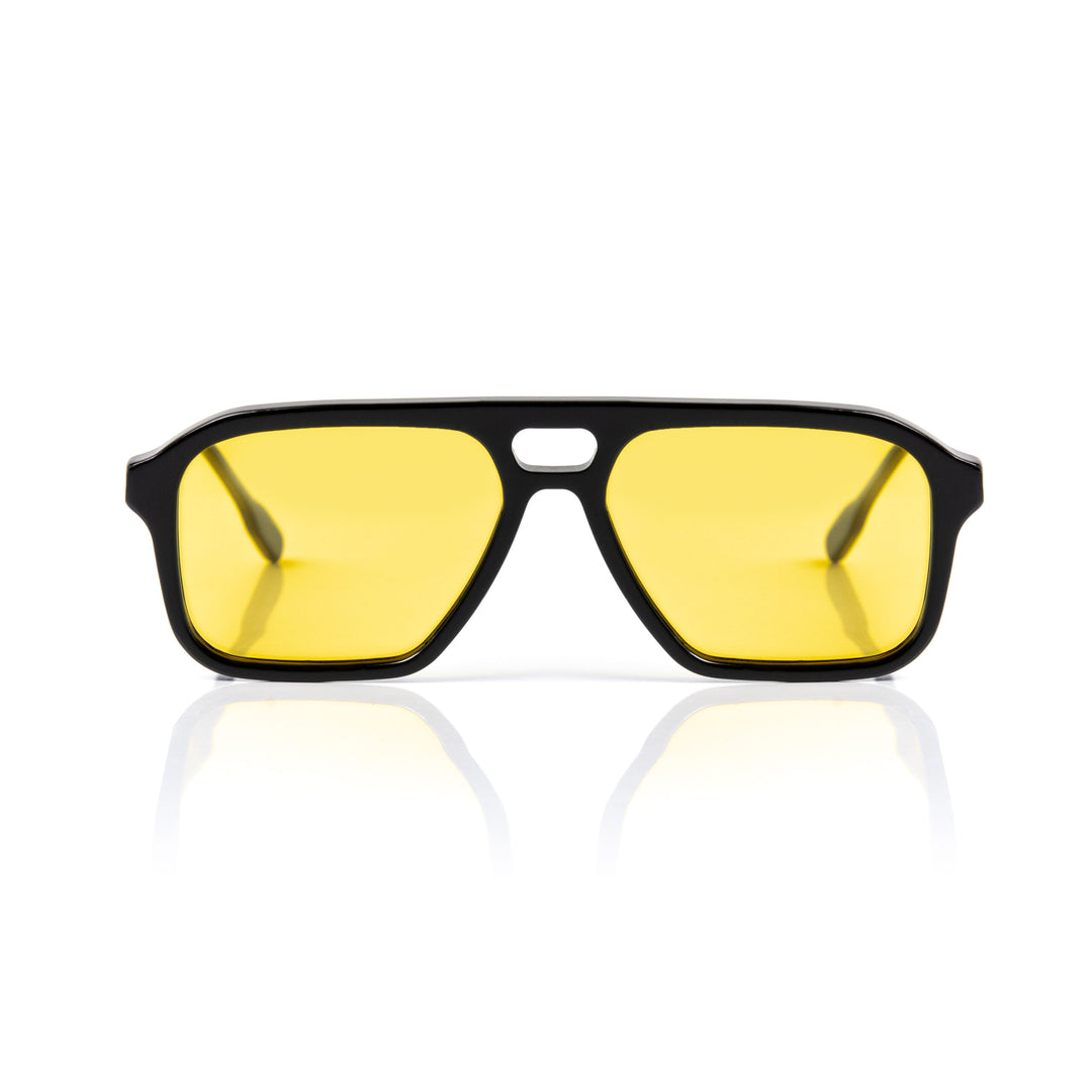 Sunglasses with yellow lenses and black frame on a white background