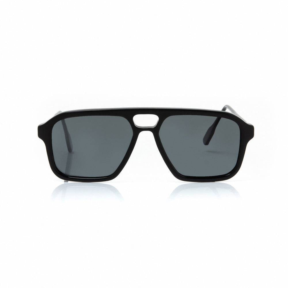 Black sunglasses with dark lenses on a white background