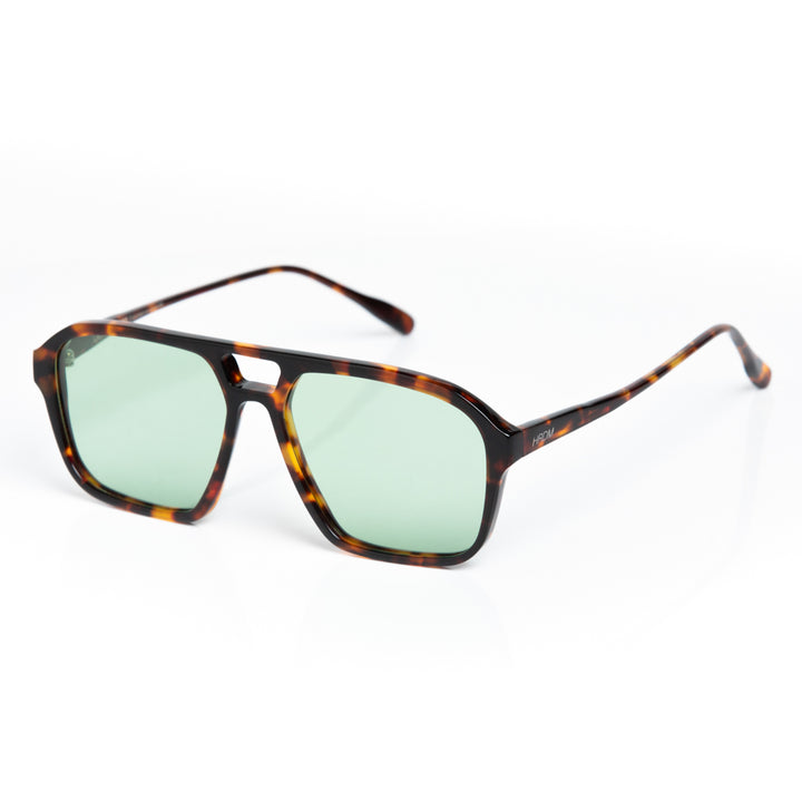 Sunglasses with tortoiseshell frame and green lenses on a white background