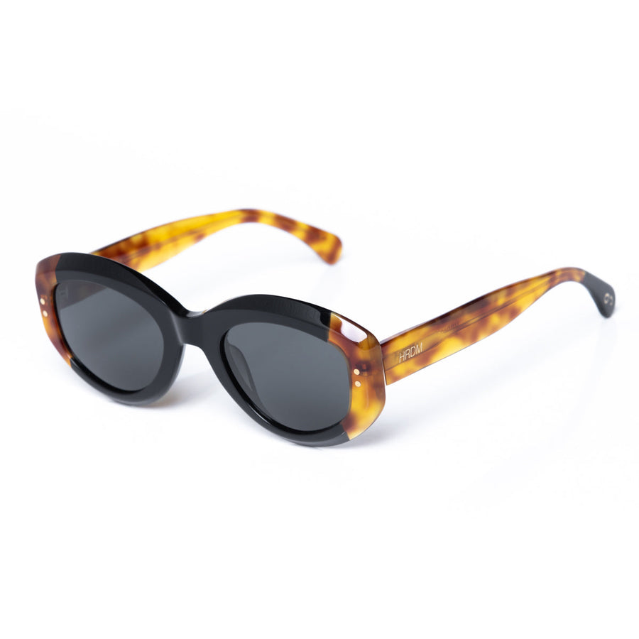 Sunglasses with tortoiseshell frame and dark lenses on a white background