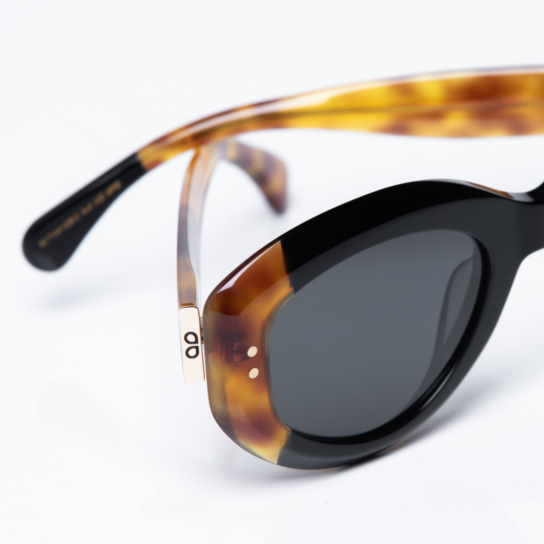 Sunglasses with tortoiseshell frame and dark lenses on a white background
