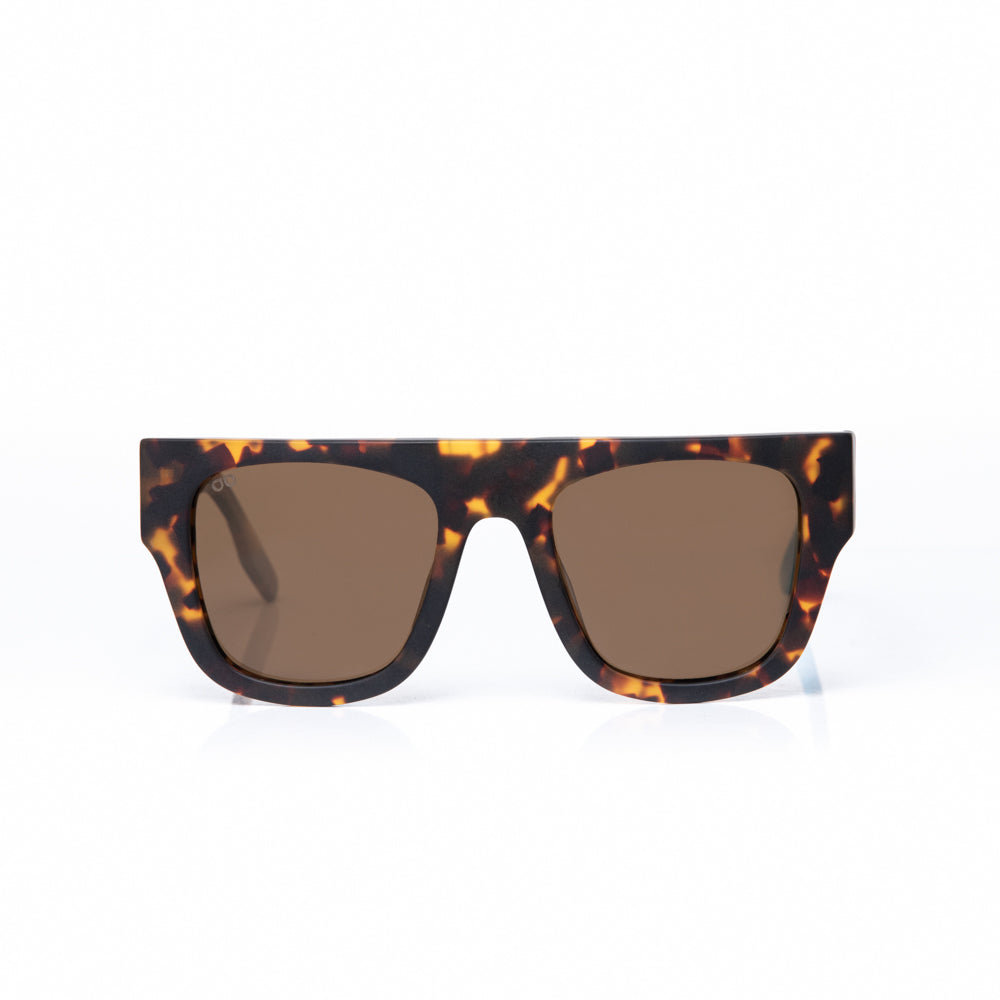 Sunglasses with tortoiseshell frame and brown lenses on a white background