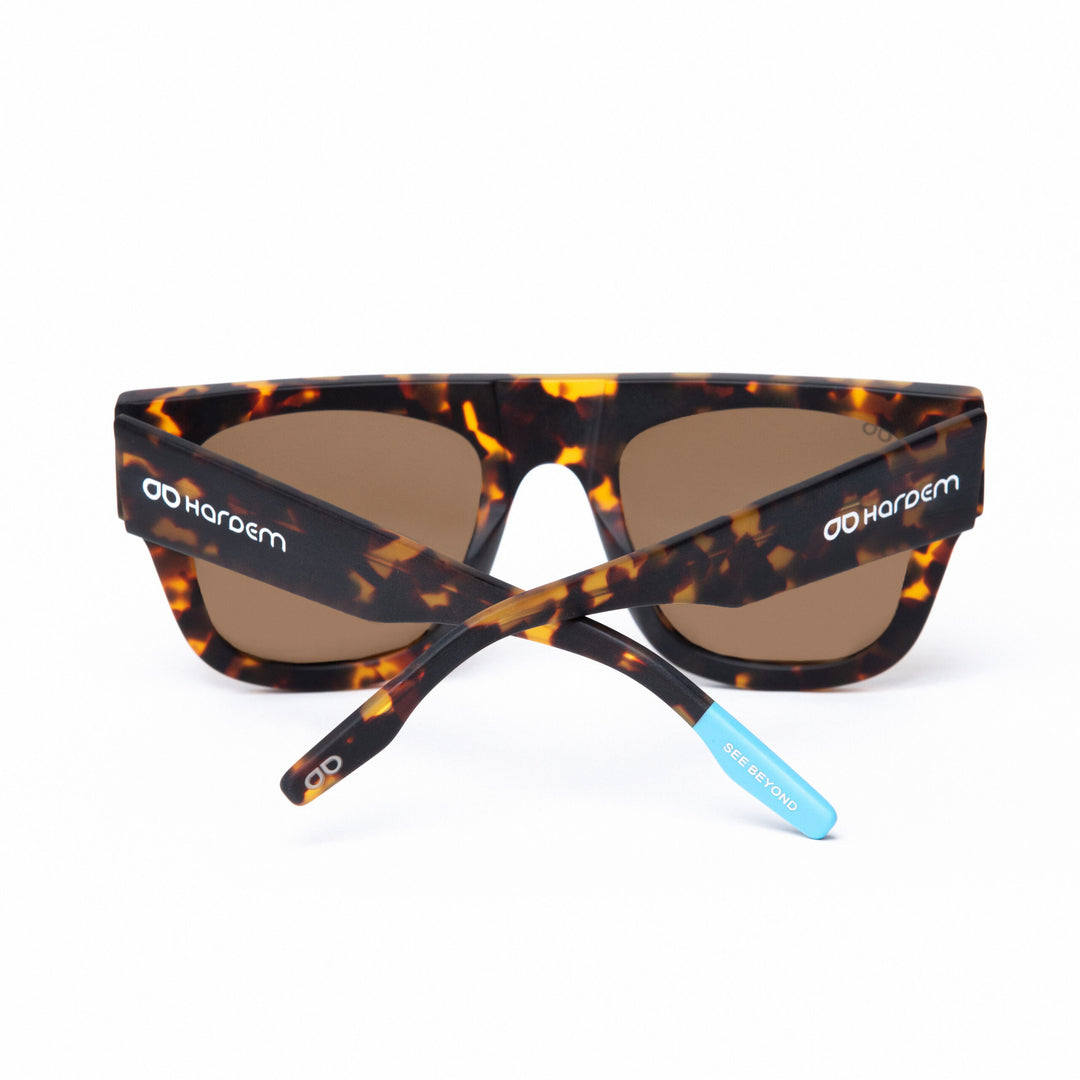 Sunglasses with tortoiseshell frame and brown lenses on a white background