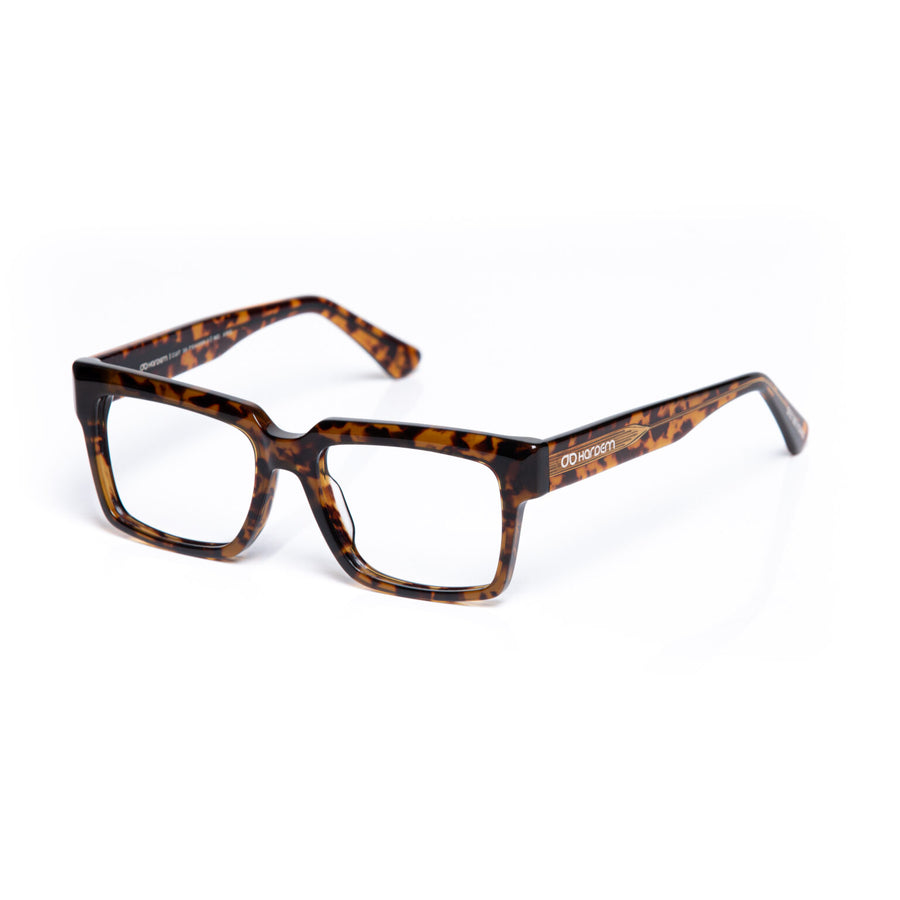 Tortoiseshell eyeglasses on a white background
