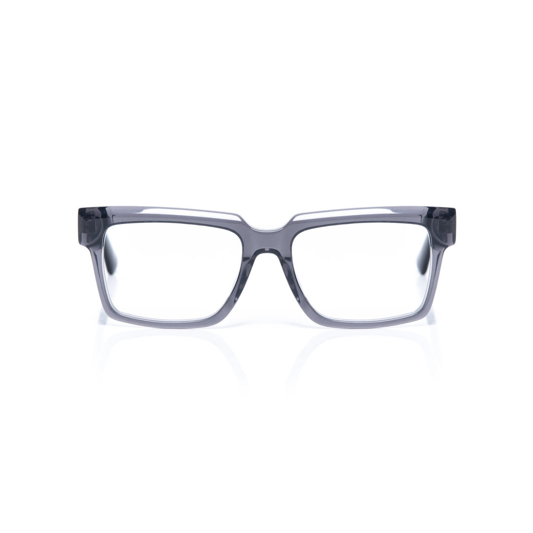 Gray eyeglasses on a white background