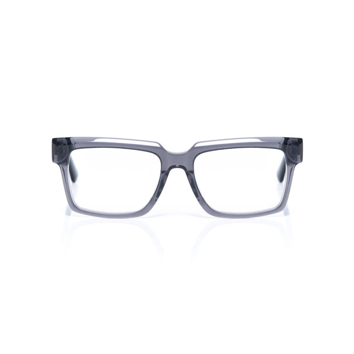 Gray eyeglasses on a white background