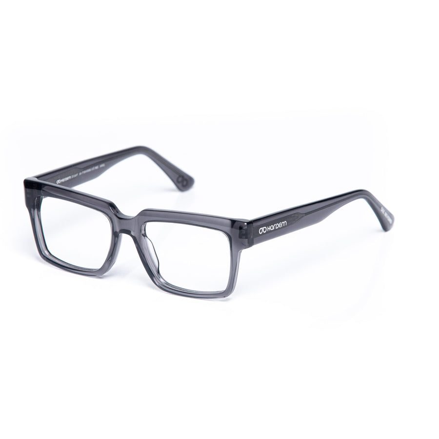 Gray eyeglasses on a white background
