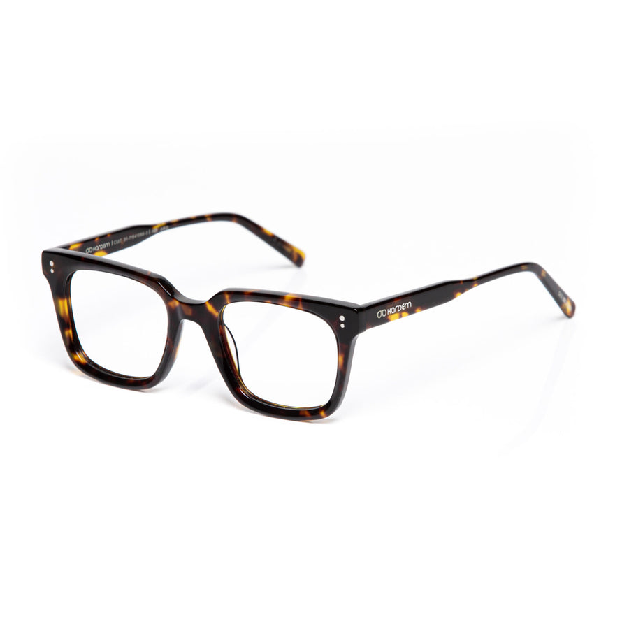 Tortoiseshell eyeglasses on a white background