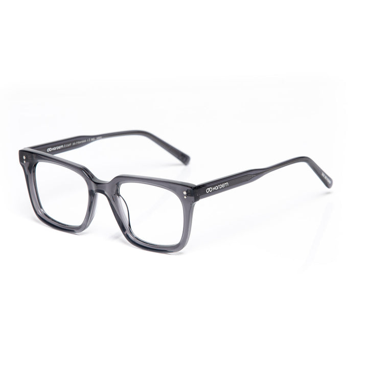 Gray eyeglasses on a white background