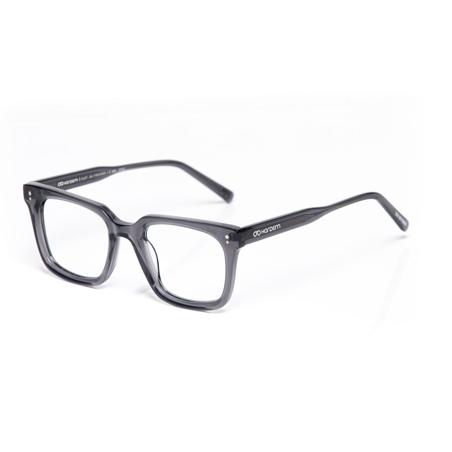 Gray eyeglasses on a white background