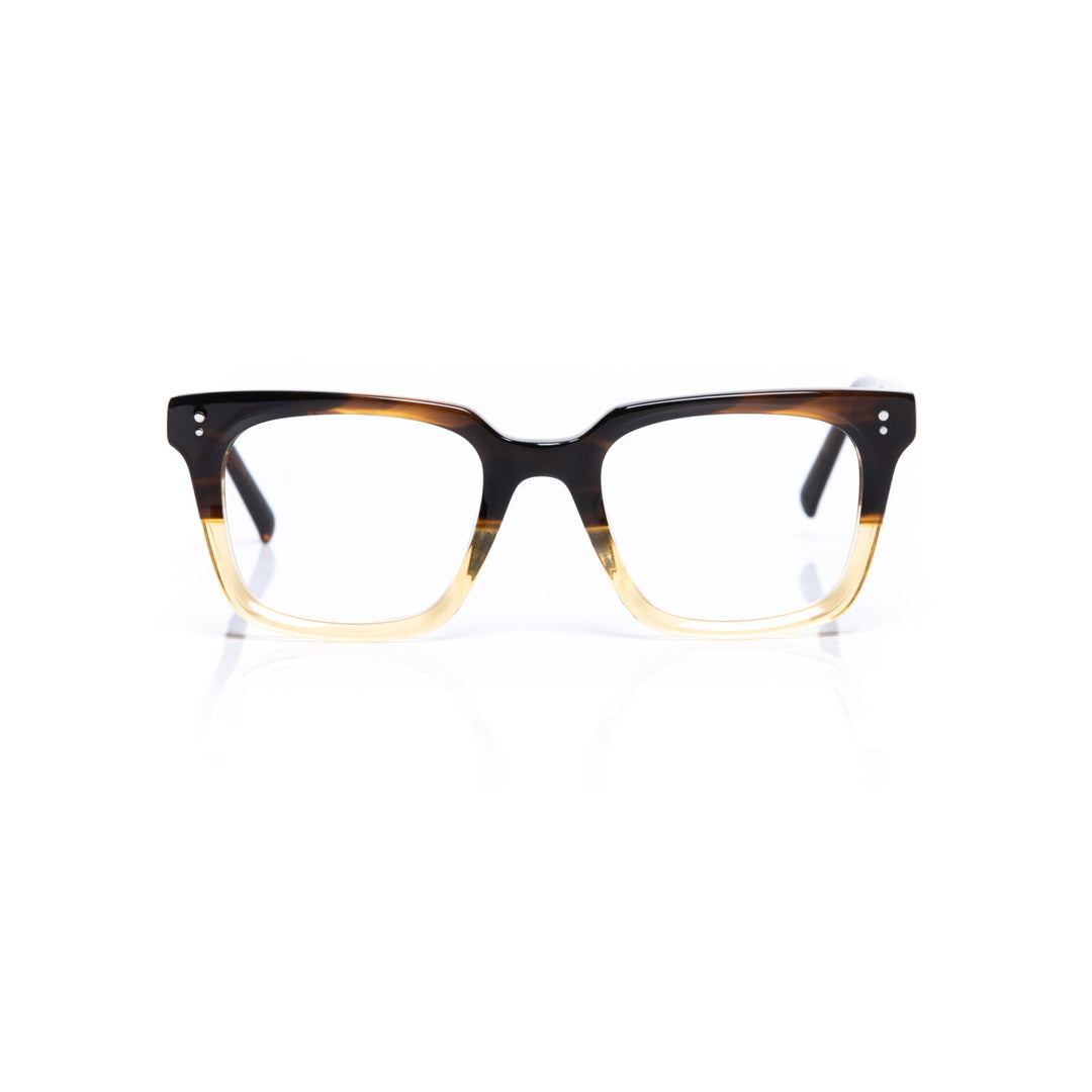 Eyeglasses with a tortoiseshell frame on a white background