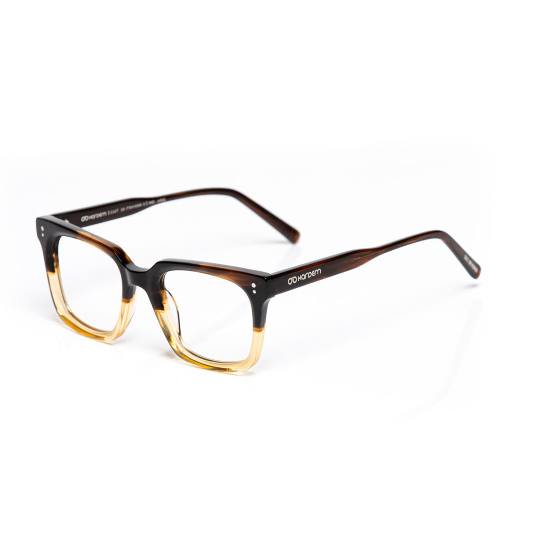 Eyeglasses with a tortoiseshell frame on a white background