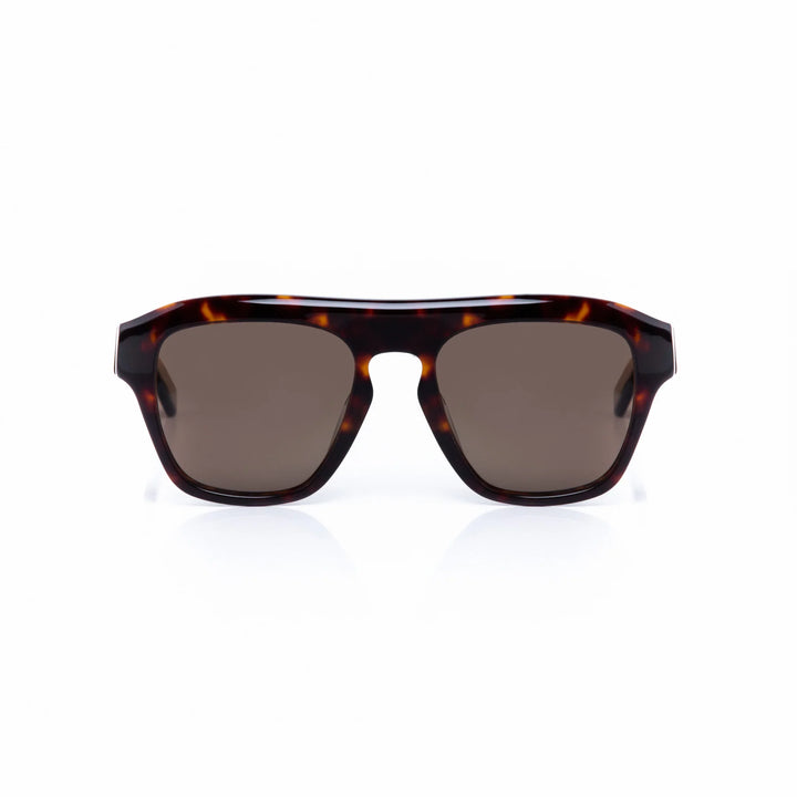 Sunglasses with tortoiseshell frame and dark lenses on a white background