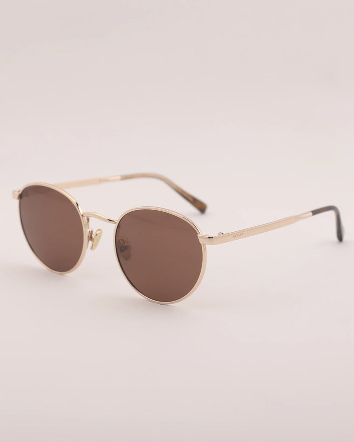 Gold-framed sunglasses with brown lenses on a light gray background