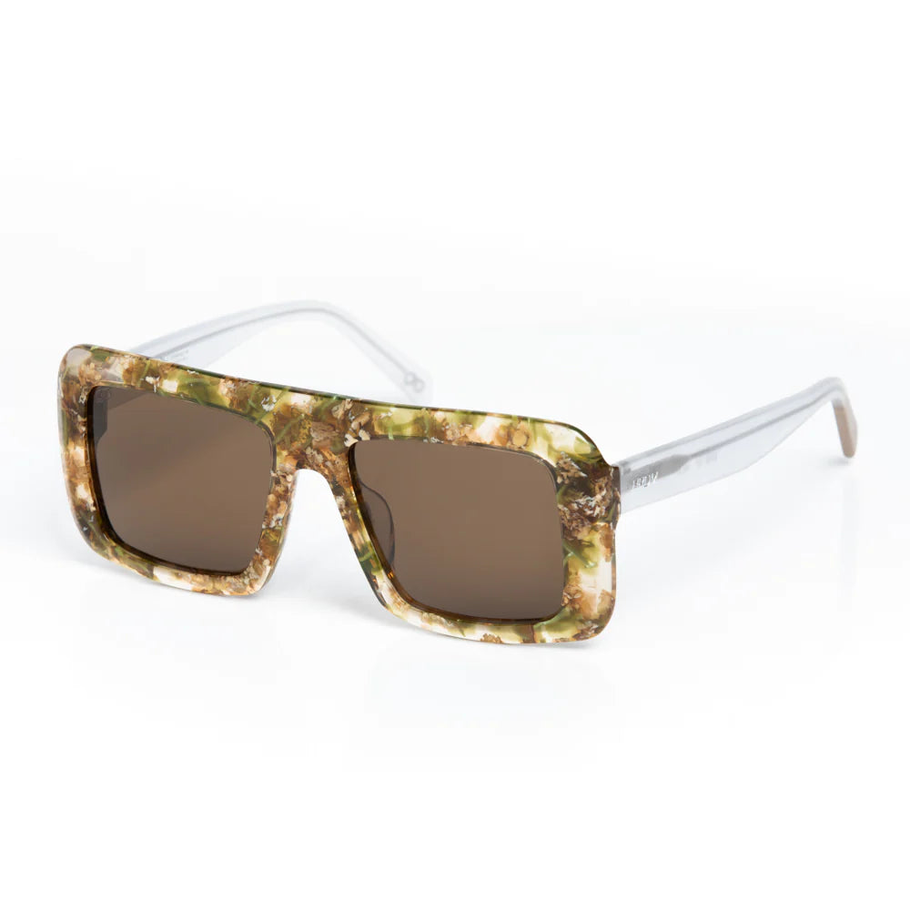 Sunglasses with a tortoiseshell frame and brown lenses on a white background