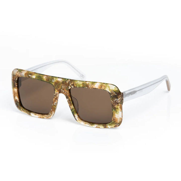 Sunglasses with a tortoiseshell frame and brown lenses on a white background