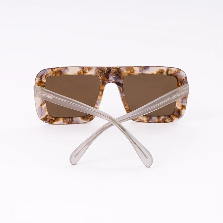 Sunglasses with tortoiseshell frame and brown lenses on a white background