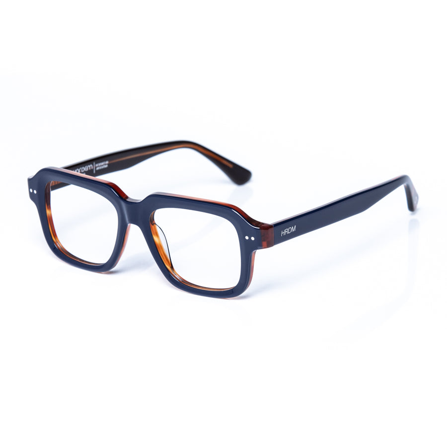 Blue and brown eyeglasses on a white background