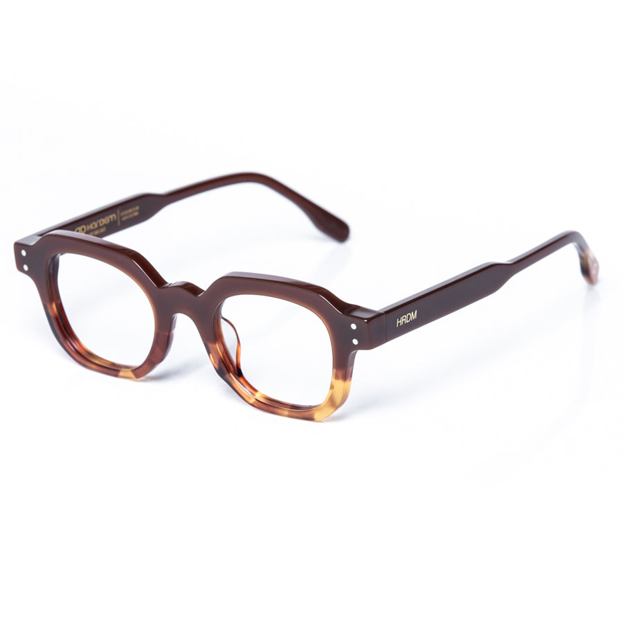 Brown and tortoiseshell eyeglasses on a white background