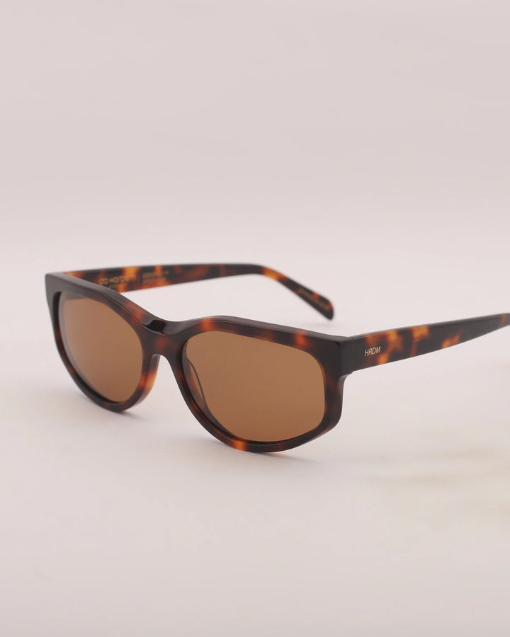 Sunglasses with tortoiseshell frame and brown lenses on a light gray background
