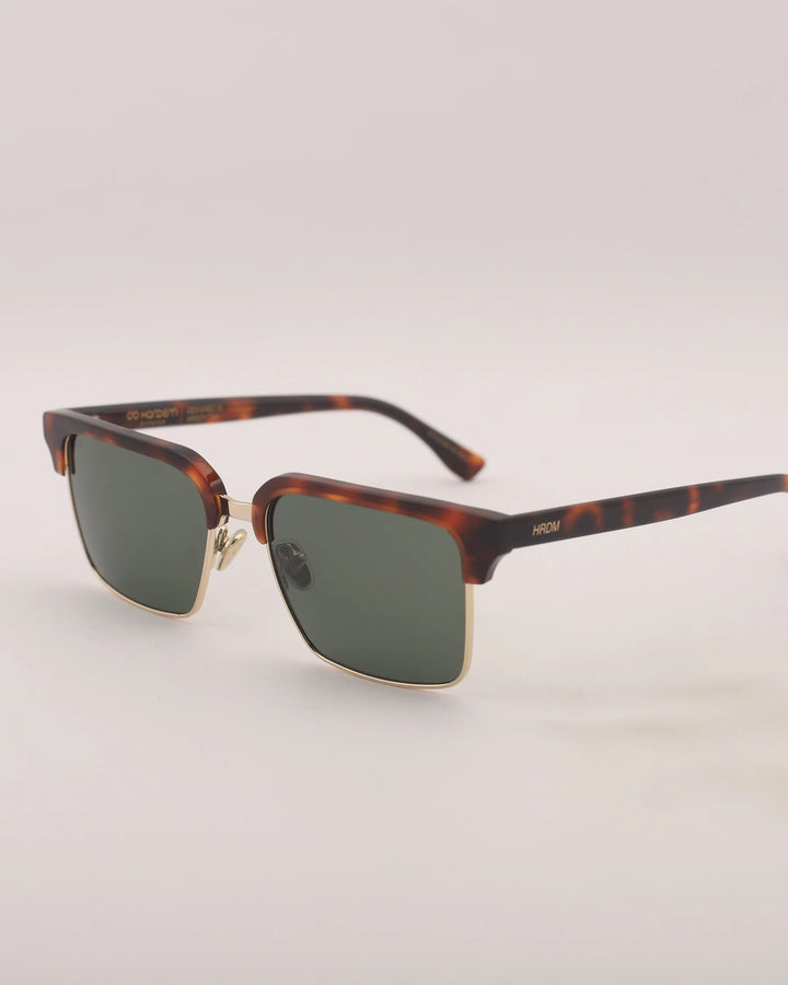 Sunglasses with tortoiseshell frame and gold accents on a light gray background