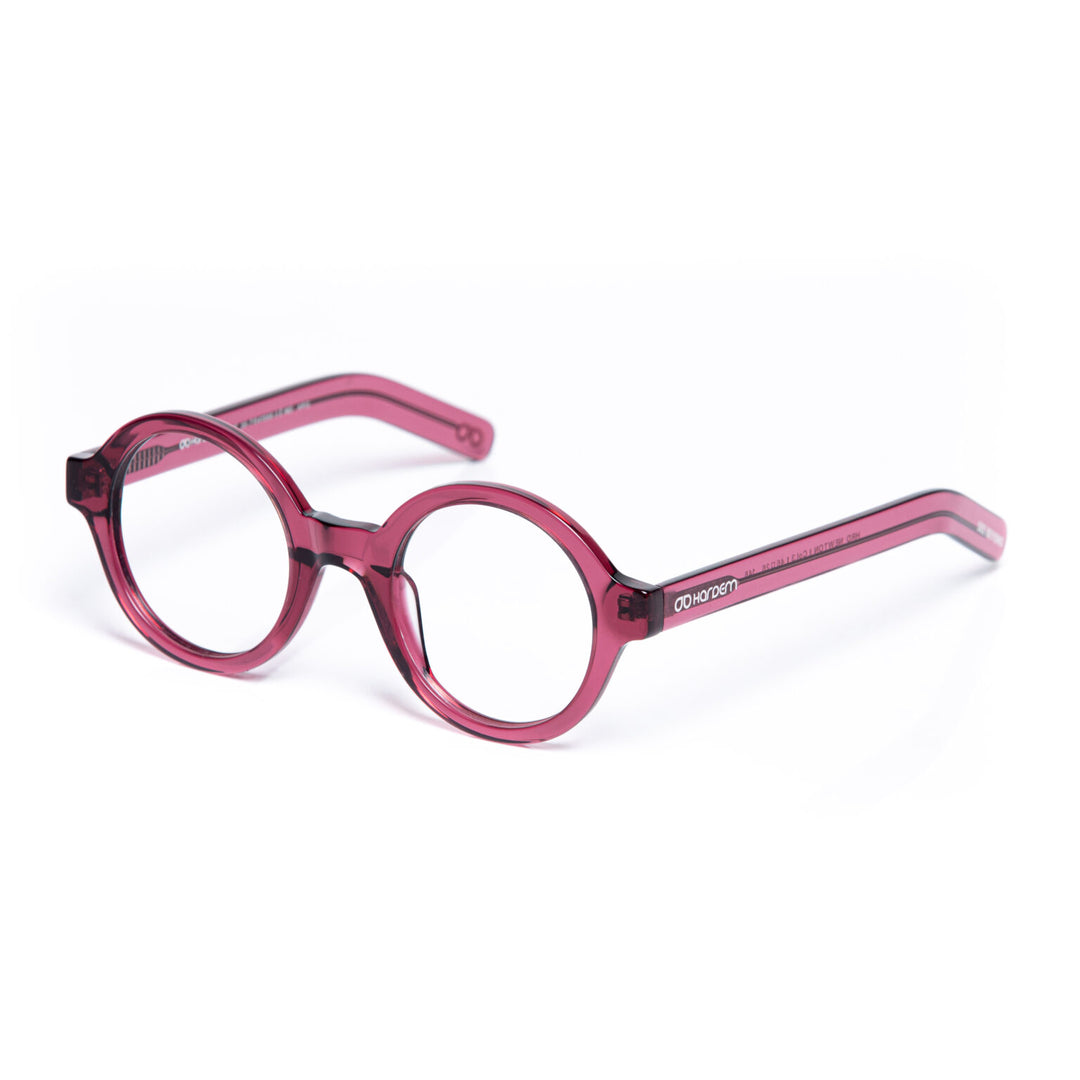 Pink eyeglasses on a white background