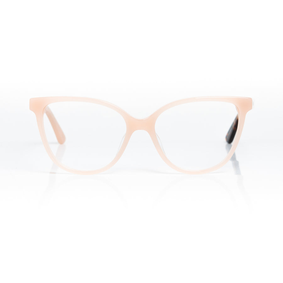 Cat-eye glasses with a light pink frame on a white background