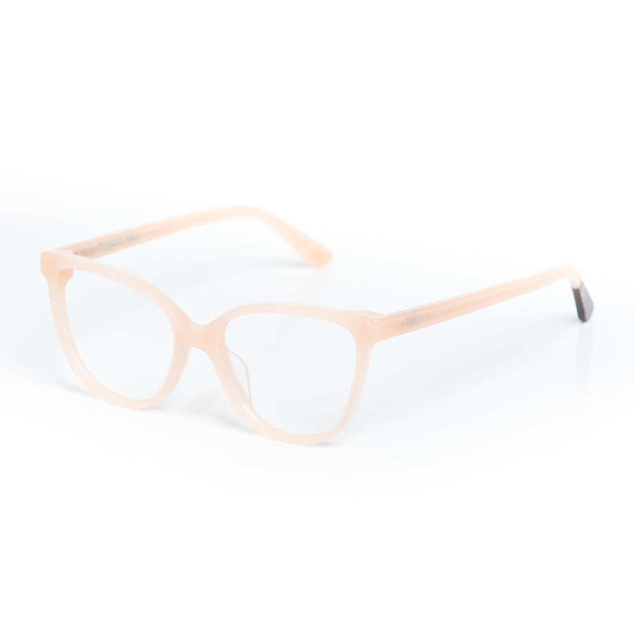 Pair of peach-colored eyeglasses on a white background