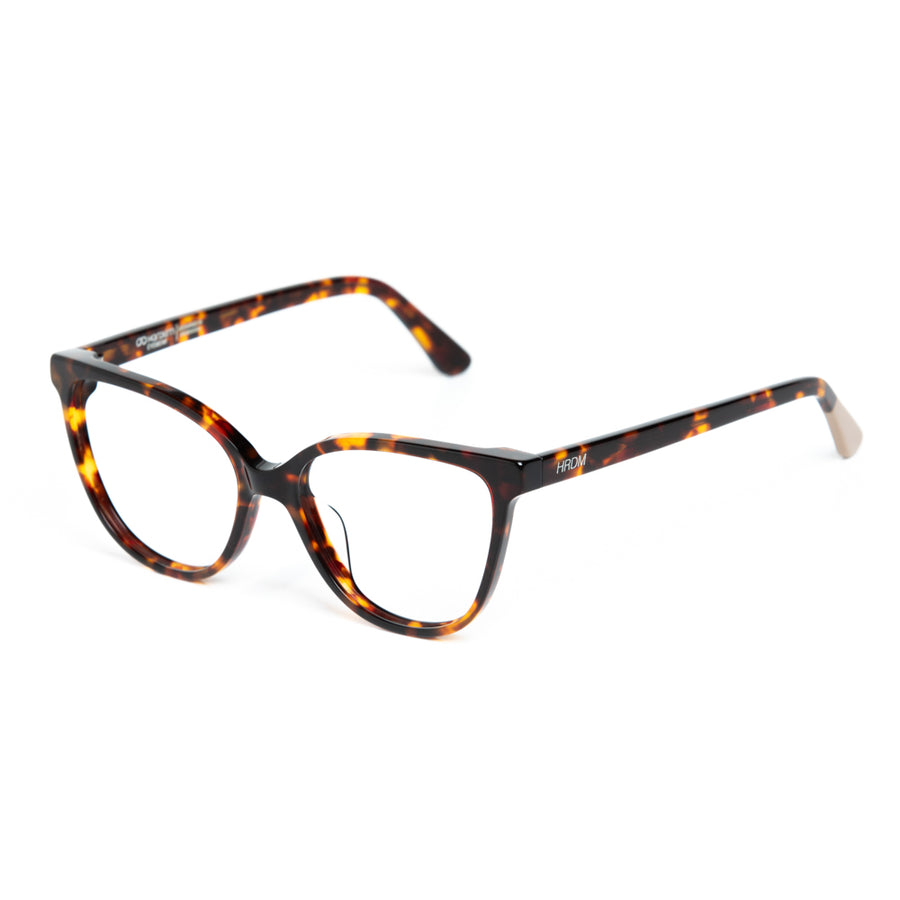 Tortoiseshell cat-eye glasses on a white background