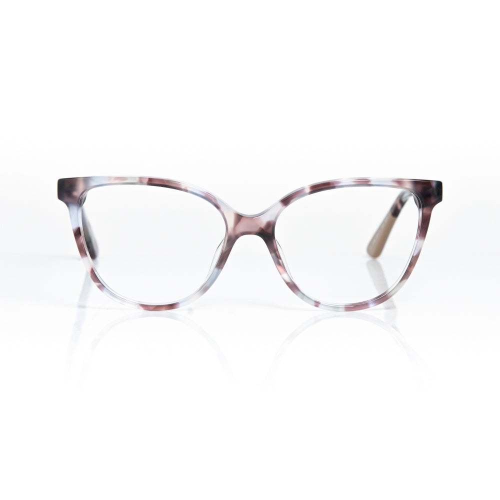 Cat-eye glasses with a tortoiseshell pattern on a white background