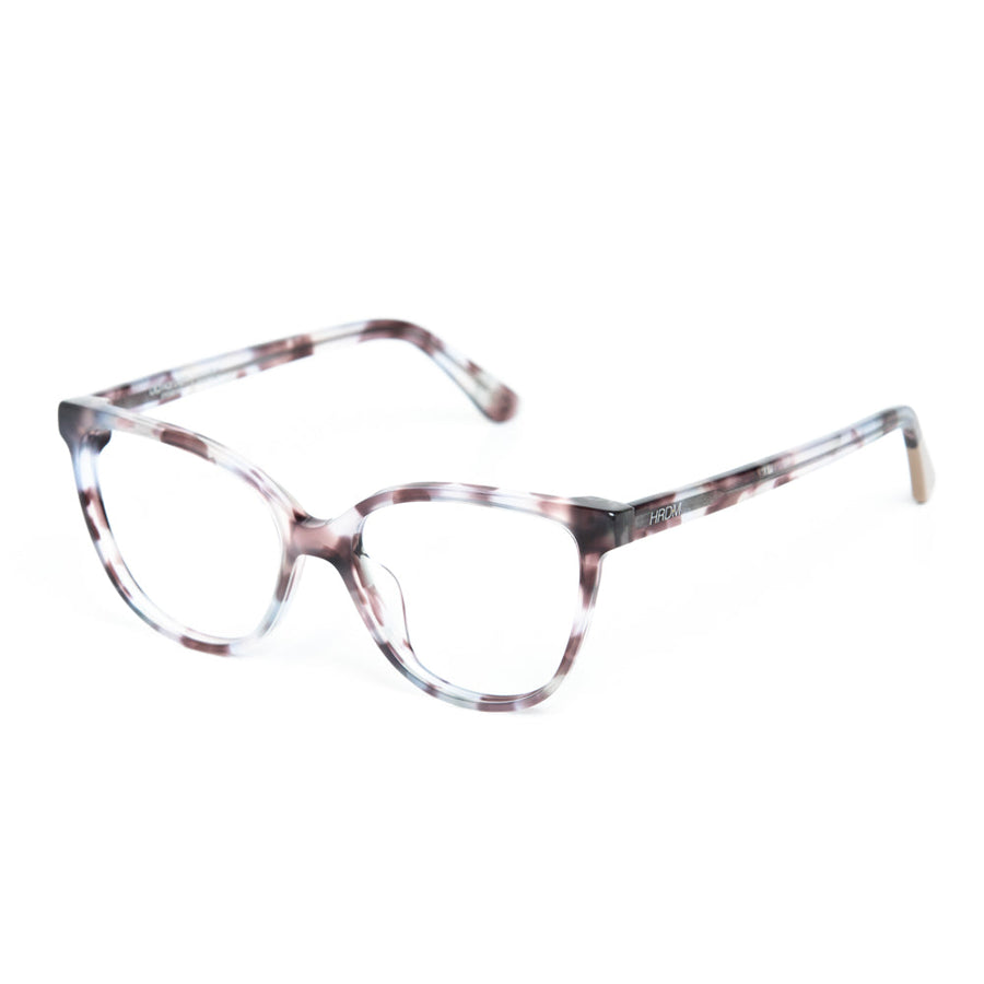 Cat-eye glasses with a tortoiseshell pattern on a white background