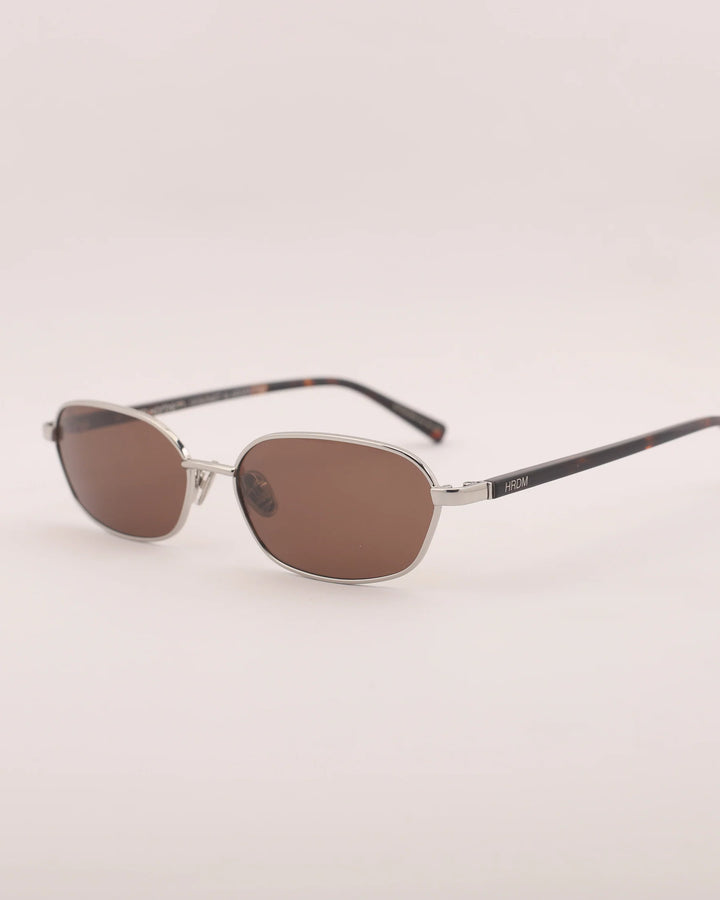 Sunglasses with brown lenses and silver frame on a light gray background