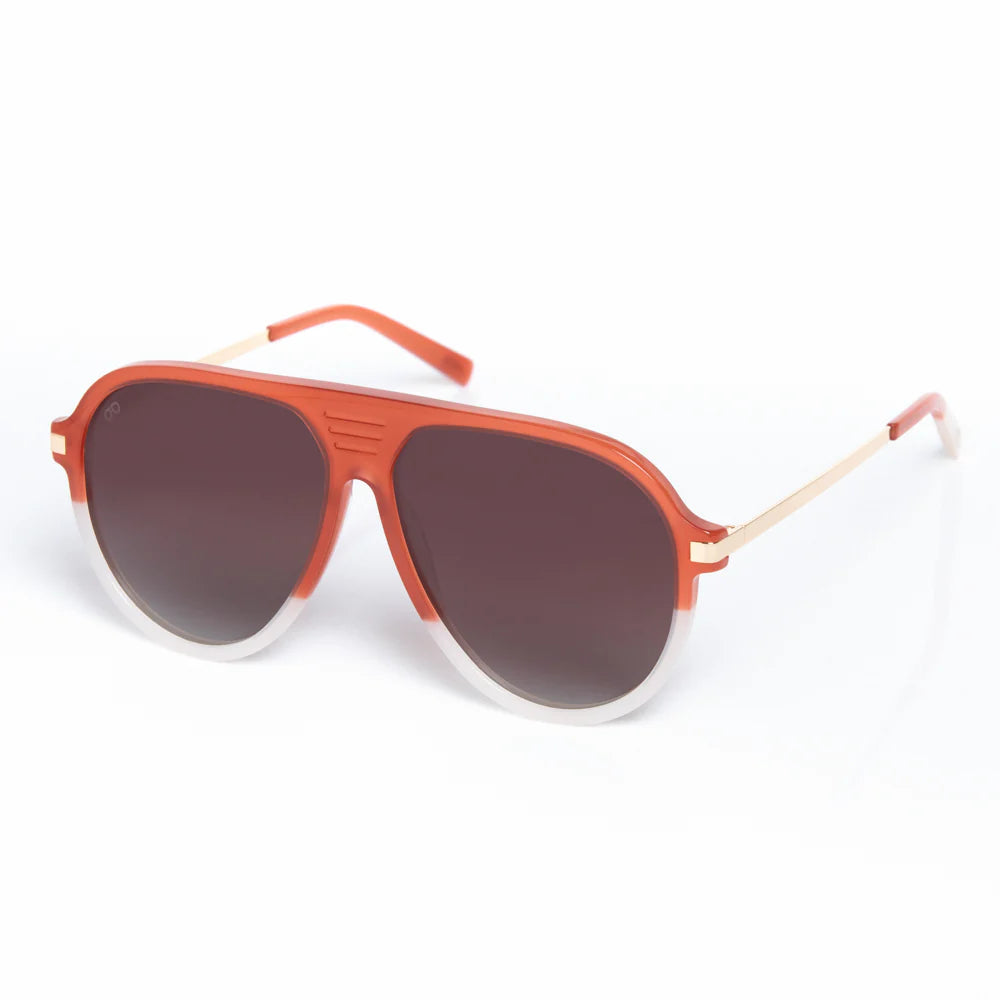 Orange sunglasses with dark lenses on a white background
