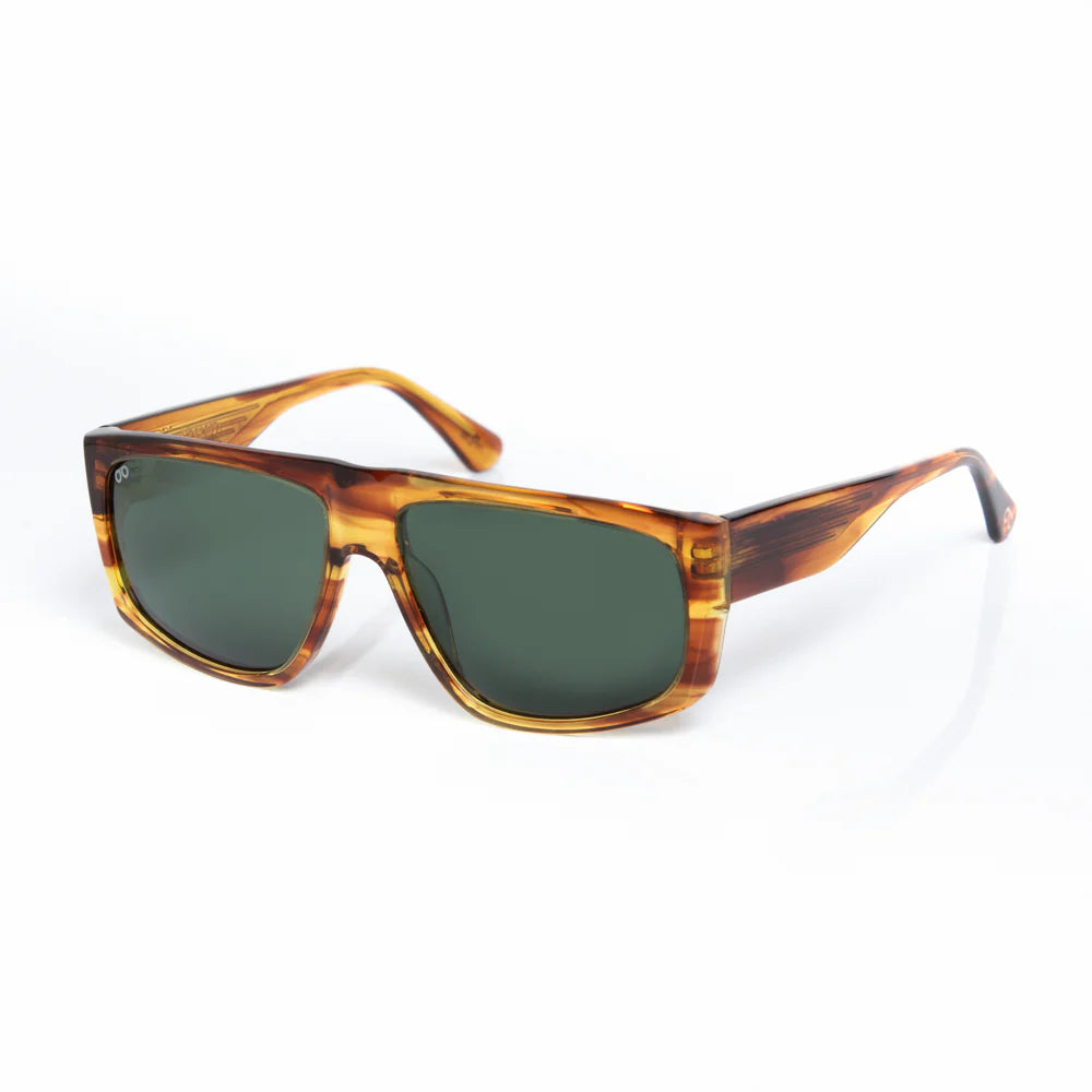 Sunglasses with tortoiseshell frame and dark lenses on a white background