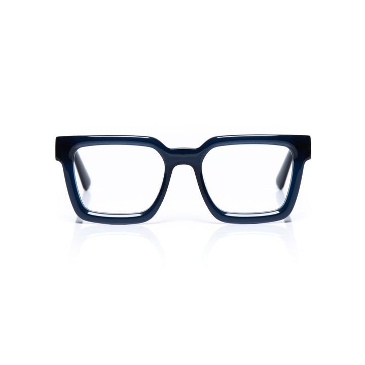 Blue eyeglasses on a white background