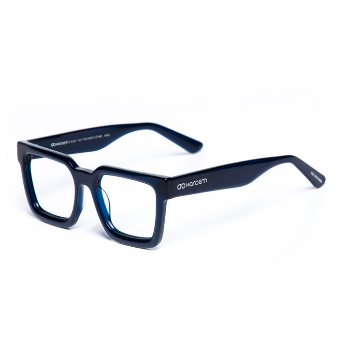 Navy blue eyeglasses on a white background