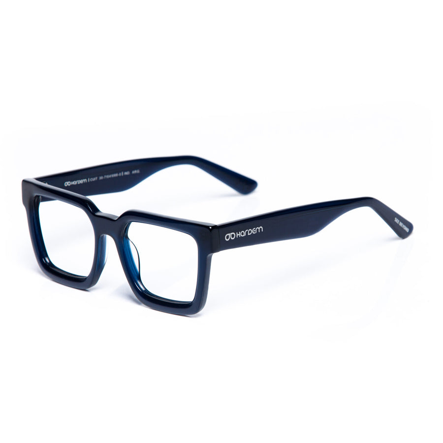 Navy blue eyeglasses on a white background