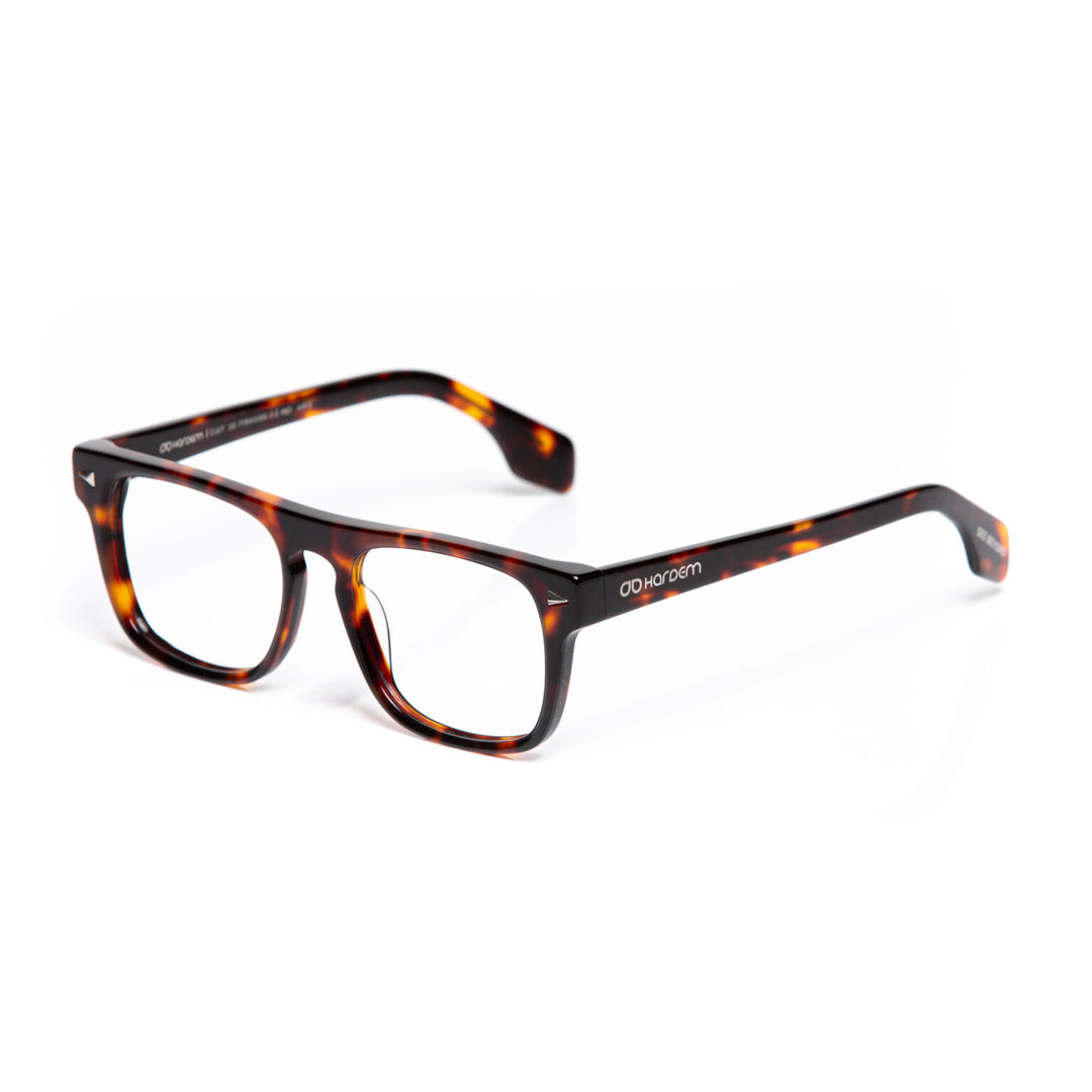 Tortoiseshell eyeglasses on a white background