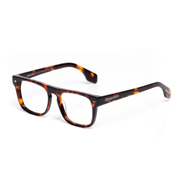 Tortoiseshell eyeglasses on a white background