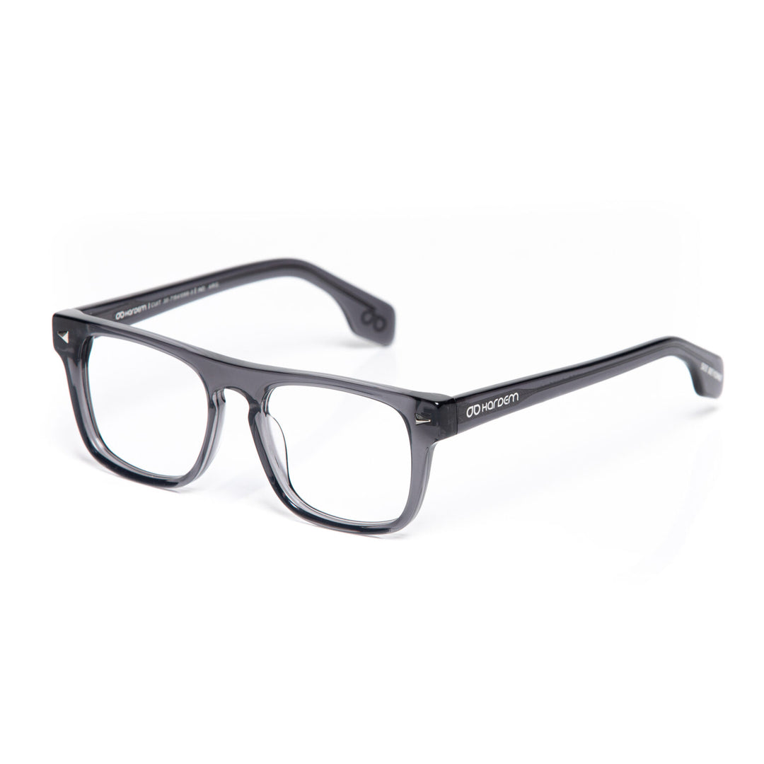Grey eyeglasses on a white background