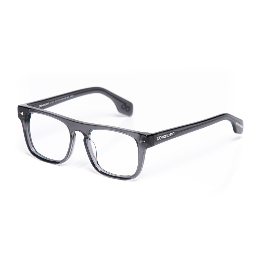 Grey eyeglasses on a white background