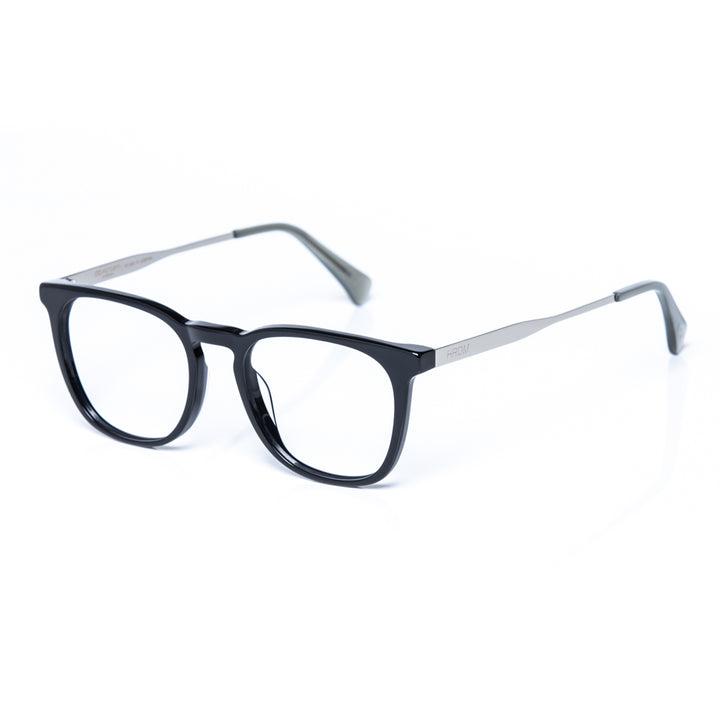 Black eyeglasses with silver accents on a white background